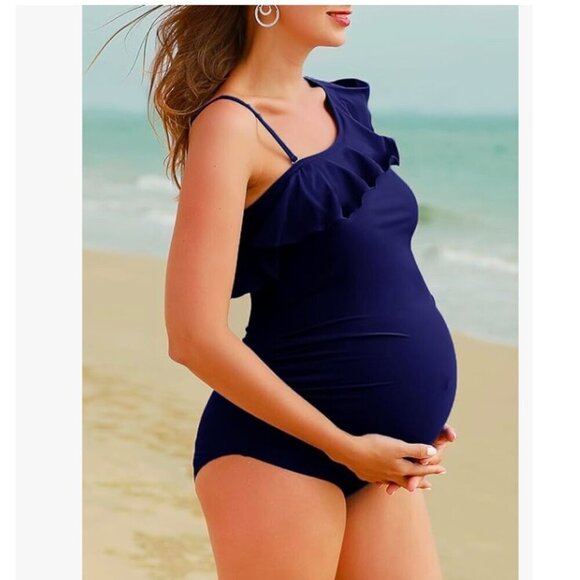 Maternity Swimwear One Shoulder Flounce One Piece, Navy Size Medium - Picture 3 of 9